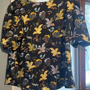 LOFT Black Floral Blouse with Yellow and Blue Accents